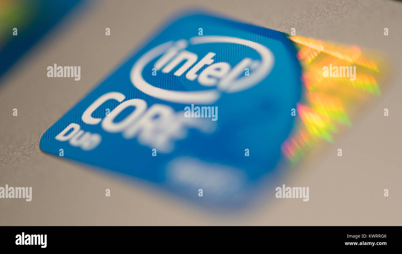 The logo of the computer chip manufacturer Intel photographed in