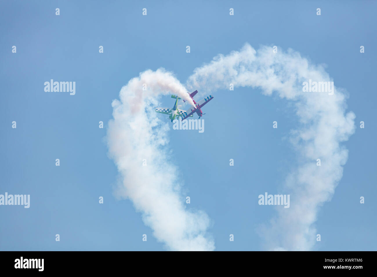 USA, Chicago - August 19: Planes performing  at Chicago Air and Water Show, with smoke to track the high flying planes on August 19, 2017 Stock Photo