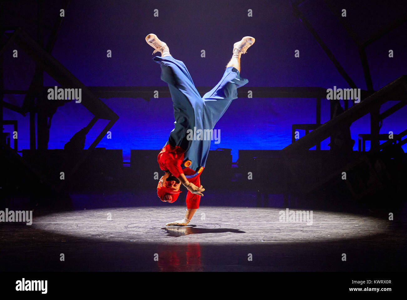 Hamburg, Germany. 05th Jan, 2018. The dancer Bruce Almighty performs as Super Mario during a press event for the dance show 'The Nutcracker Reloaded - Tchaikovksy meets street dance' at the Kampnagel in Hamburg, Germany, 05 January 2018. The German premiere is on 05 January 2018. Credit: Georg Wendt/dpa/Alamy Live News Stock Photo