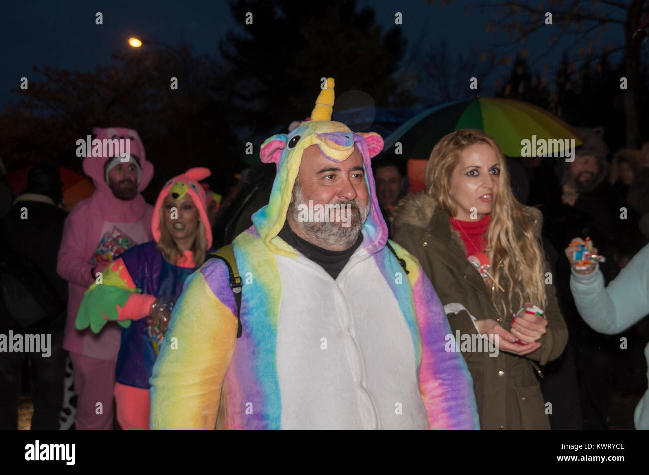 Madrid, Spain. 05th Jan, 2018. The traditional neighbourhood Vallecas organized an alternative Three Wise Men Parade promoting social variety. Credit: Lora Grigorova/Alamy Live News Stock Photo
