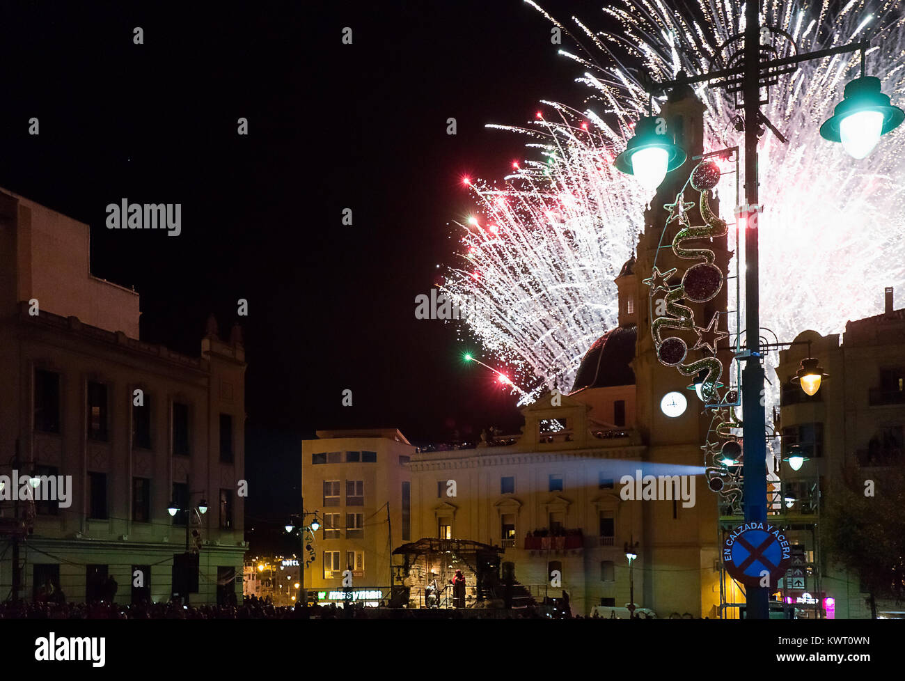 Alcoy, Spain. January 5, 2018: Fireworks in the Plaza de España for the arrival of the Magi to the Portal de Belen. The arrival of the Magi to the city of Alcoy, is the most anticipated date for children throughout the year. A Festival of National Tourist Interest that brings together hundreds of visitors every year who want to live the message and emotion of this centuries-old Cavalcade. Stock Photo