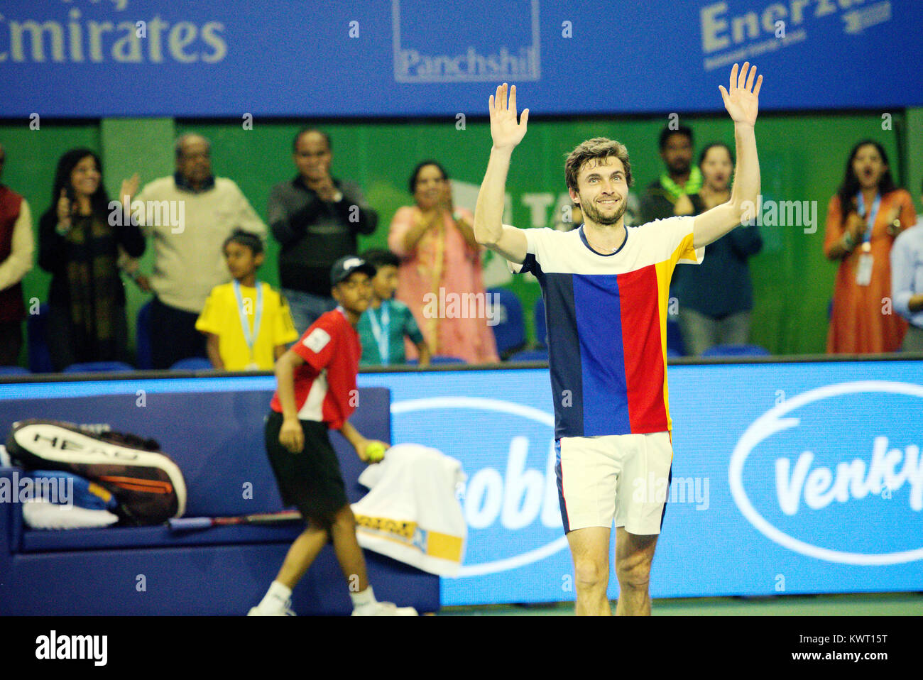 Pune, India. 5th January 2018. Gilles Simon of France gestures to the crowd after winning his semi-final match at the Tata Open Maharashtra tournament at the Mahalunge Balewadi Tennis Stadium in Pune, India. Credit: Karunesh Johri/Alamy Live News. Stock Photo