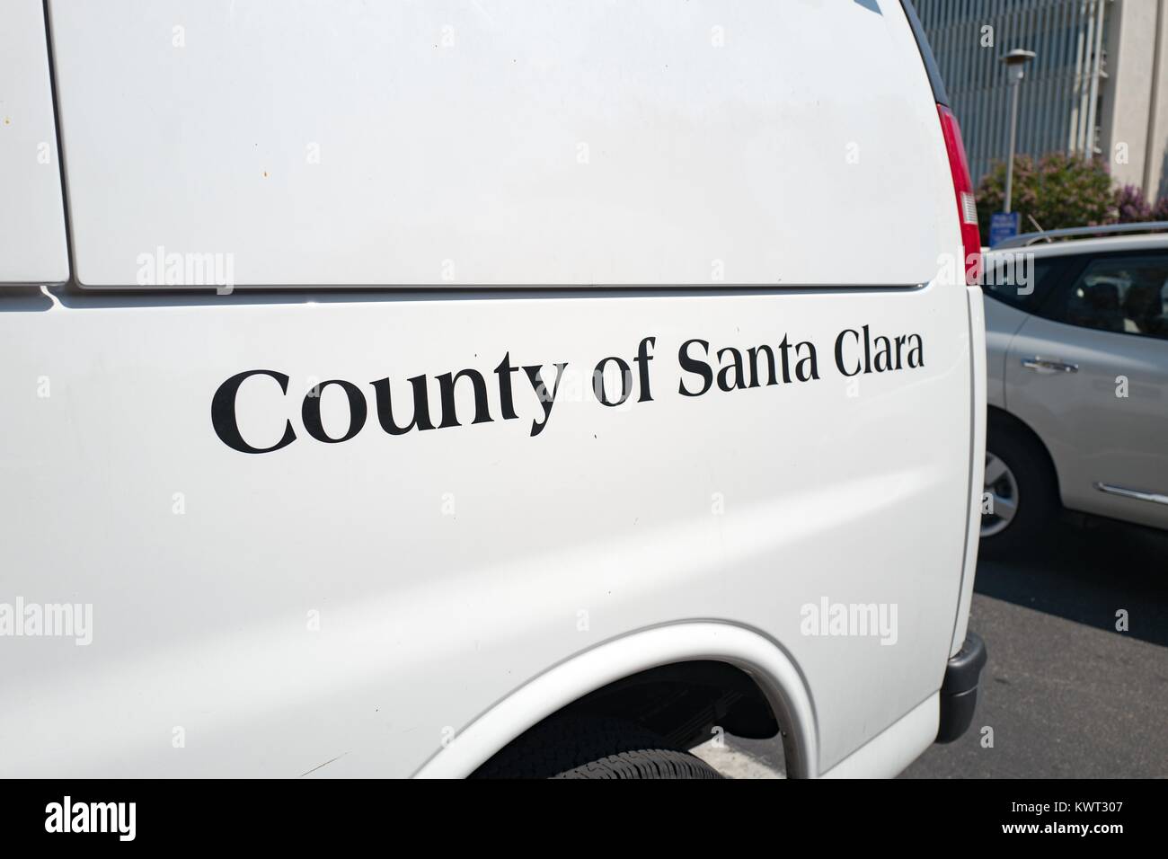 Text reading County of Santa Clara on a municipal vehicle in San Jose, California, August 17, 2017. Stock Photo