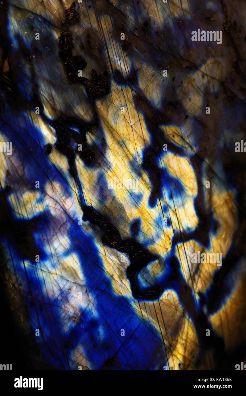 Macro Abstract Photo of Labradorite Geological Sample Displaying Colourful Labradorescence