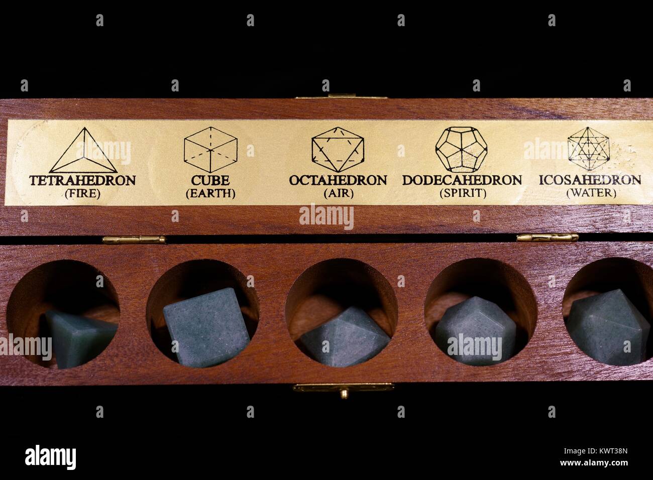Wooden Display Box of Geometric Crystal Platonic Solids, Representing
