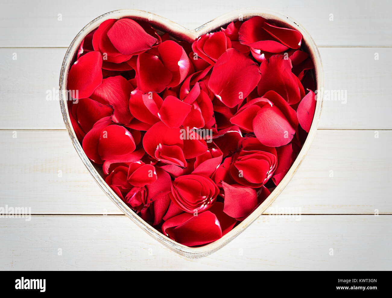 Red petals in heart-shaped tray Stock Photo