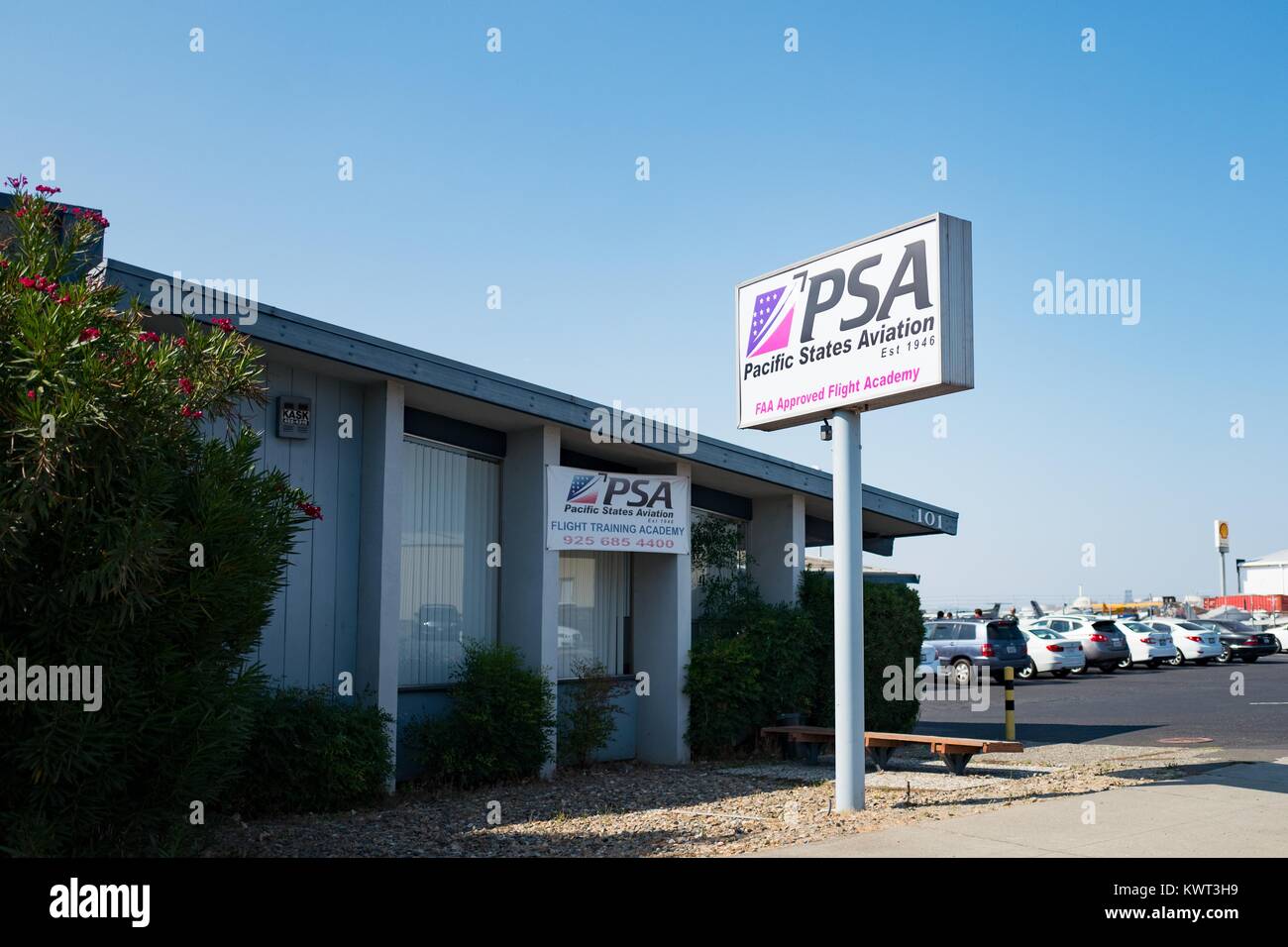 Signage for Pacific States Aviation, an FAA flight school for pilot training at Buchanan Field Airport, a municipal airport operated by Contra Costa County in Concord, California, September 8, 2017. Stock Photo