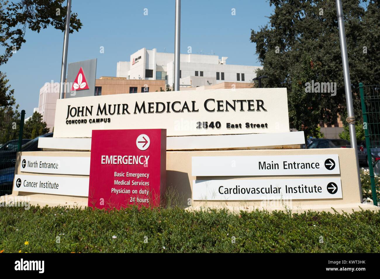 Signage for the John Muir Medical Center, part of the regional John Muir Health system, in downtown Concord, California, September 8, 2017. Stock Photo