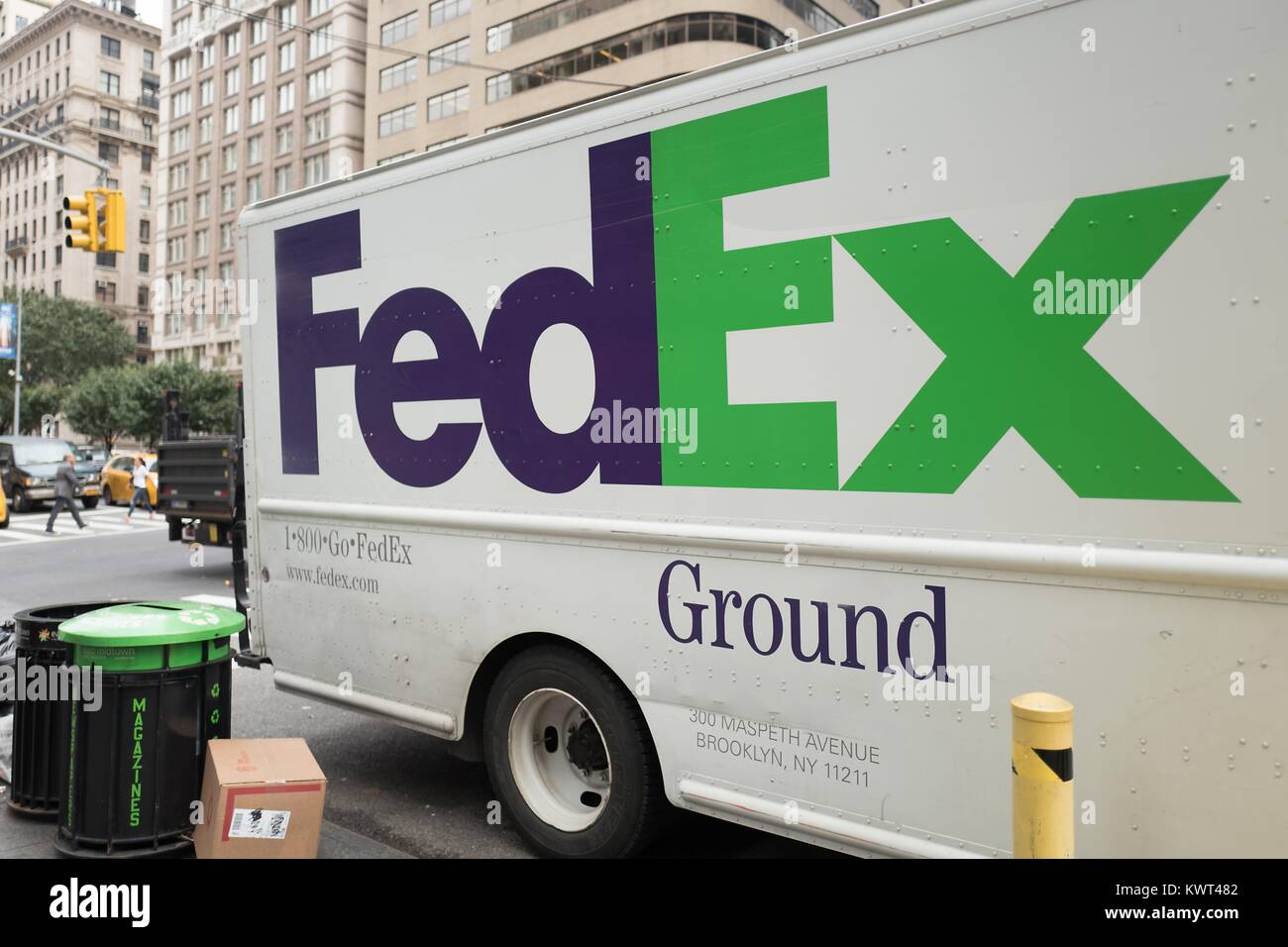 Logo on the side of a Federal Express (FedEx) ground delivery truck parked on the Upper East Side of Manhattan, New York City, New York, September 14, 2017. Stock Photo
