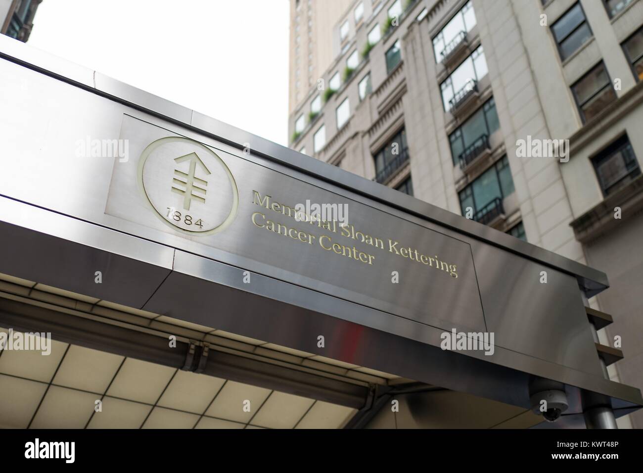 Sign with logo on the facade of the Memorial Sloan Kettering cancer center in Manhattan, New York City, New York, among the top cancer hospitals in the world, September 14, 2017. Stock Photo
