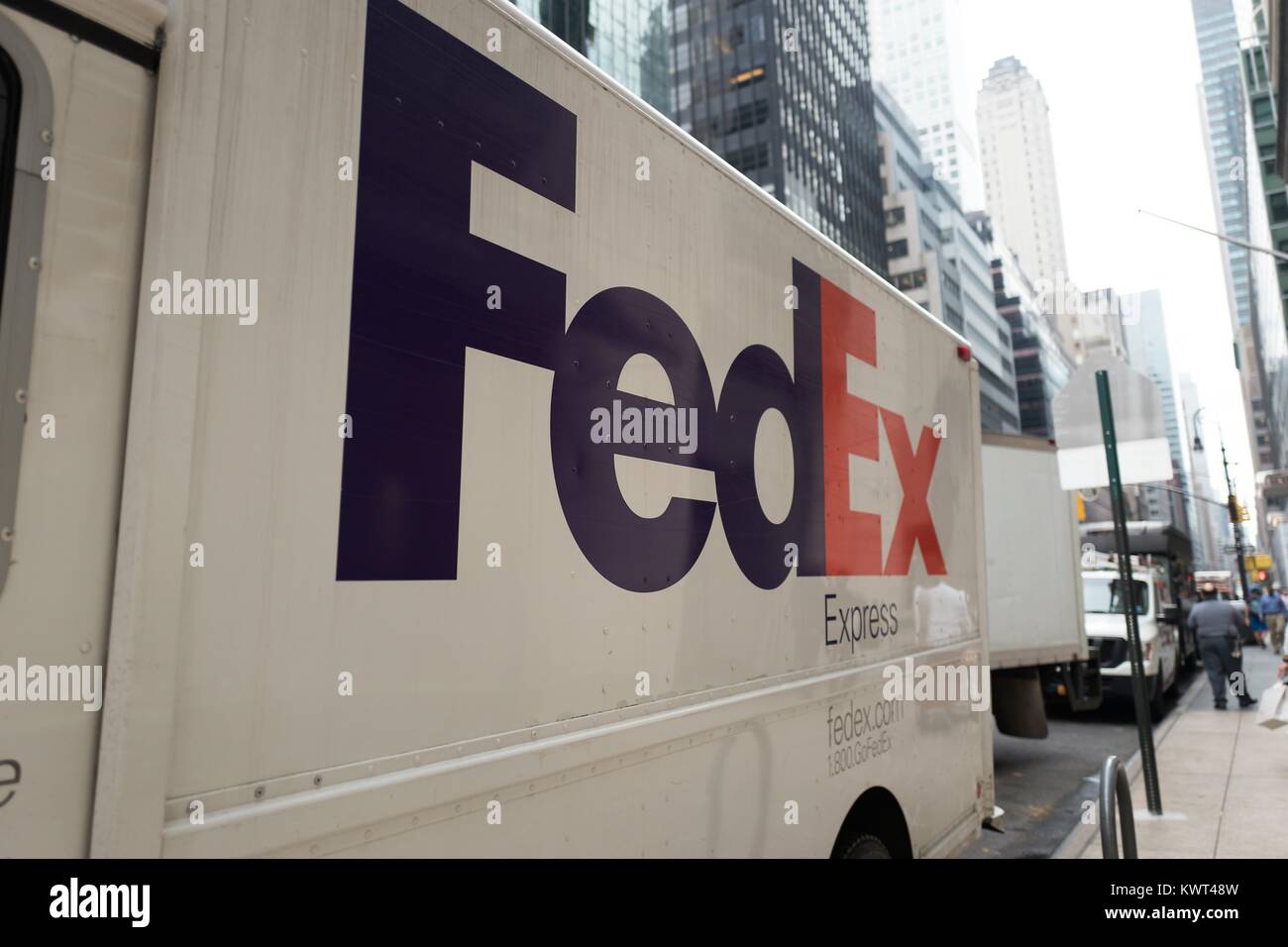 Federal Express (FedEx) truck with logo parked on Madison Avenue in Manhattan, New York City, New York, September 14, 2017. Stock Photo