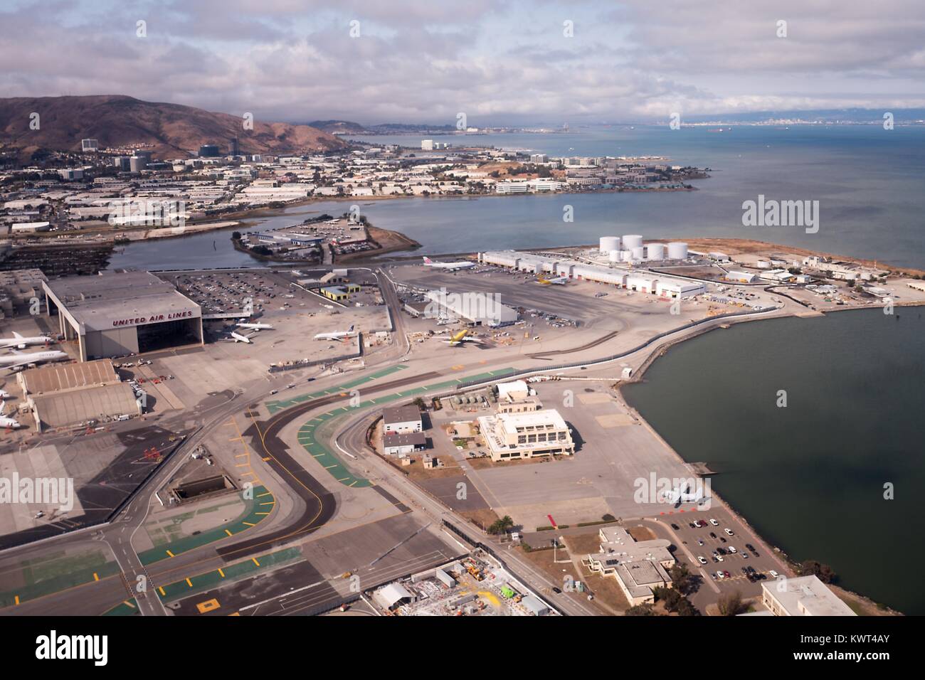 Aerial view of United Airlines hangar and buildings at San Francisco International Airport (SFO), San Francisco, California, September 13, 2017. Stock Photo