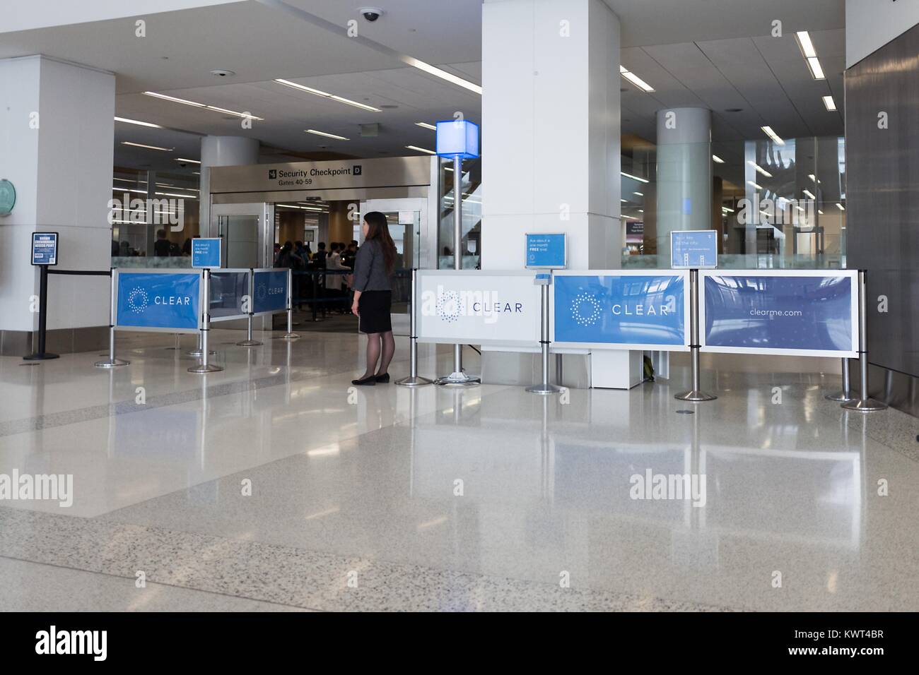 Priority checkpoint for the private security screening service Clear at San Francisco International Airport (SFO), San Francisco, California, September 13, 2017. Stock Photo