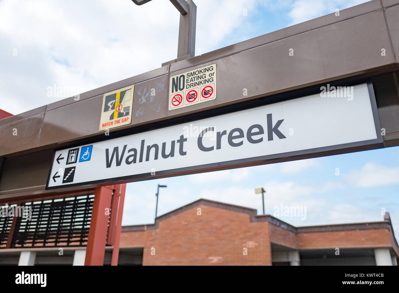 Sign for the Walnut Creek, California station of the Bay Area Rapid Transit (BART) light rail system, September 13, 2017. Stock Photo