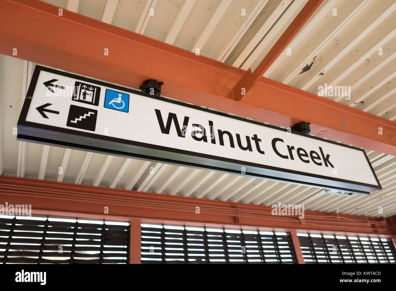 Signage for the Walnut Creek, California station of the Bay Area Rapid Transit (BART) light rail system, September 13, 2017. Stock Photo