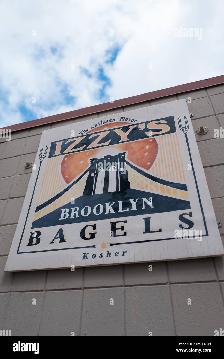 Facade with sign for Izzy's Brooklyn Bagels, a Kosher Jewish bakery in