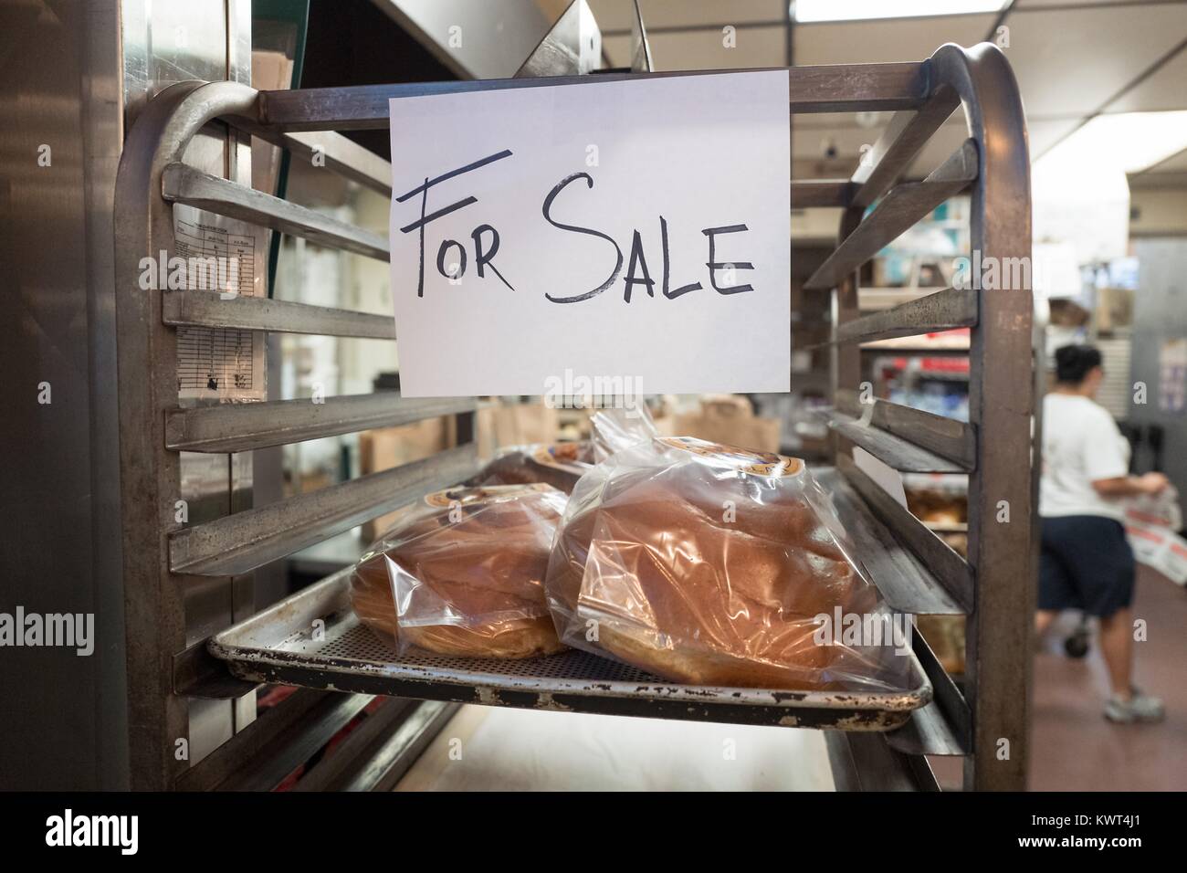 Challah bread for the Jewish high holiday of Rosh Hashanah (New Year) at a special counter with a sign reading 'For sale' at Izzy's Brooklyn Bagels, a Jewish kosher deli and bakery in the Silicon Valley town of Palo Alto, California, September 20, 2017. In the Jewish religion, the round challah represents the cycle of the year. Stock Photo