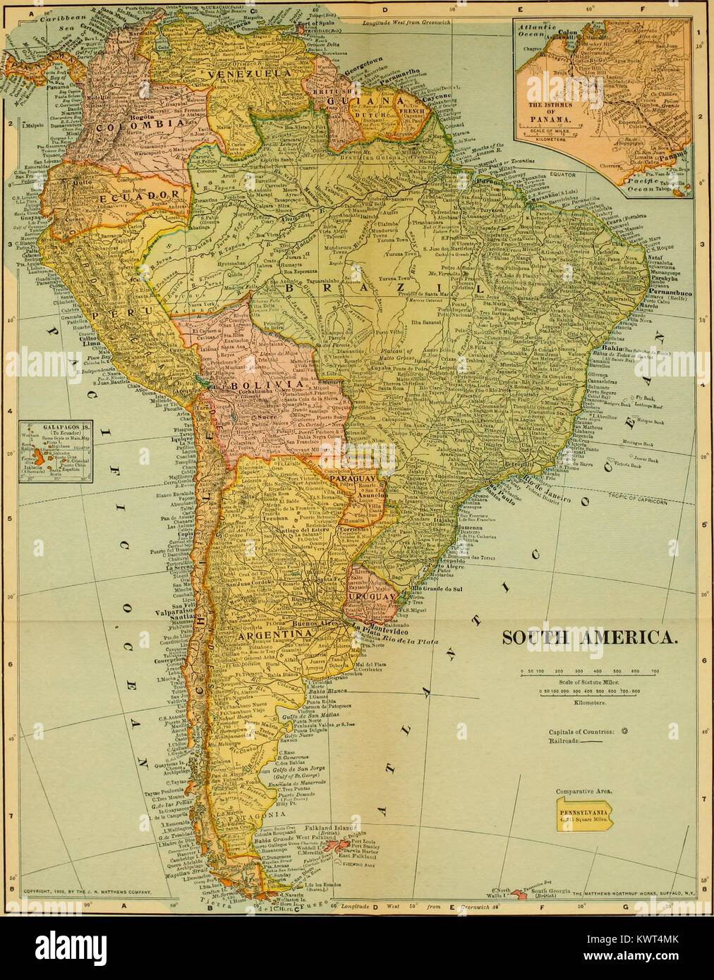 Map of South America identifying countries including Bolivia, Brazil and Argentina, 1907. Courtesy Internet Archive. () Stock Photo