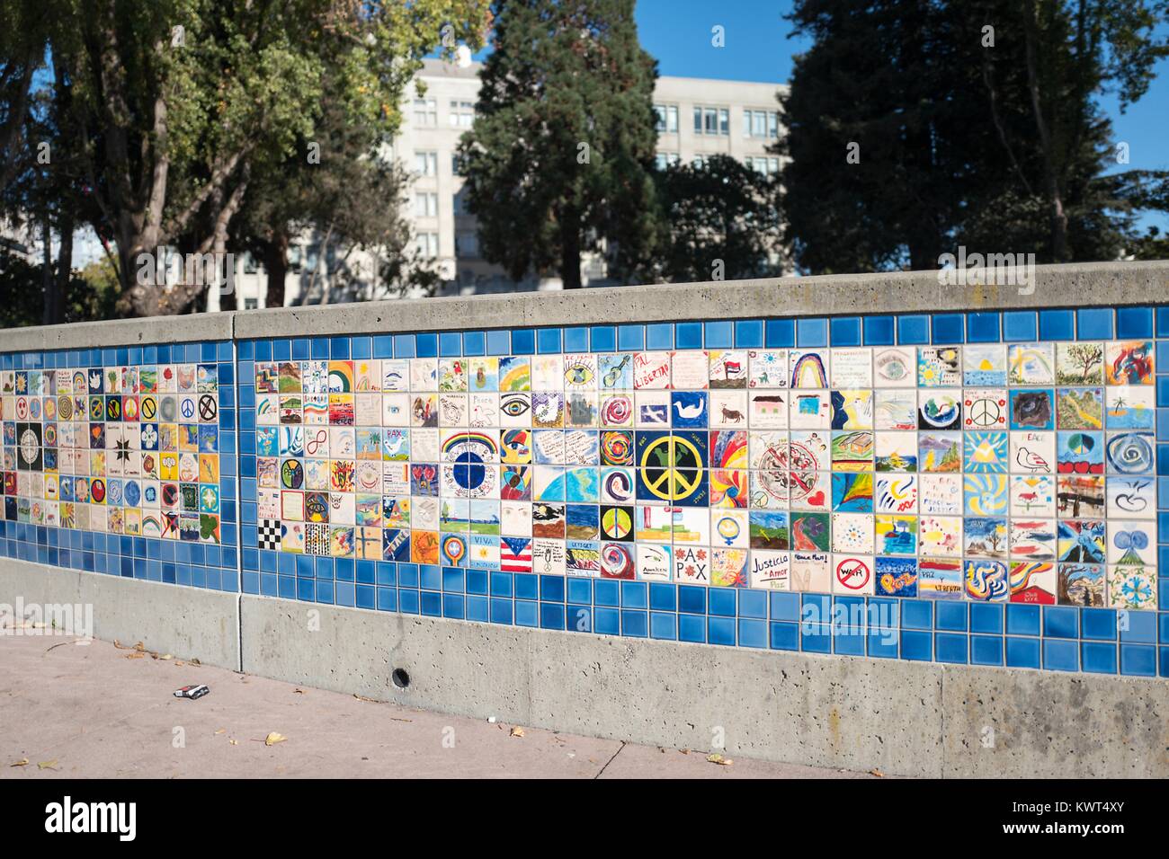 Berkeley World Wall of Peace at Martin Luther King Jr Civic Center Park in Berkeley, California, which was the site of violent 2017 protests and clashes between members of the alt-right and counter protesters, October 6, 2017. () Stock Photo