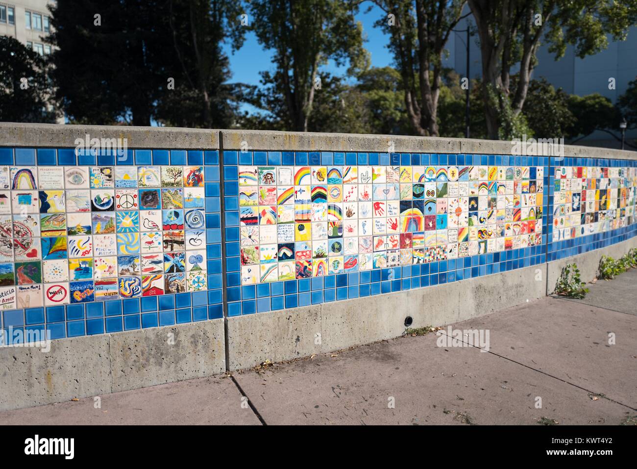Berkeley World Wall of Peace at Martin Luther King Jr Civic Center Park in Berkeley, California, which was the site of violent 2017 protests and clashes between members of the alt-right and counter protesters, October 6, 2017. () Stock Photo