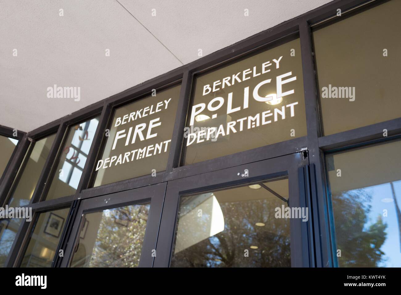 Sign above door on facade of the police station and fire station for the Berkeley Police and Berkeley Fire Department, at Martin Luther King Jr Civic Center Park in Berkeley, California, October 6, 2017. () Stock Photo