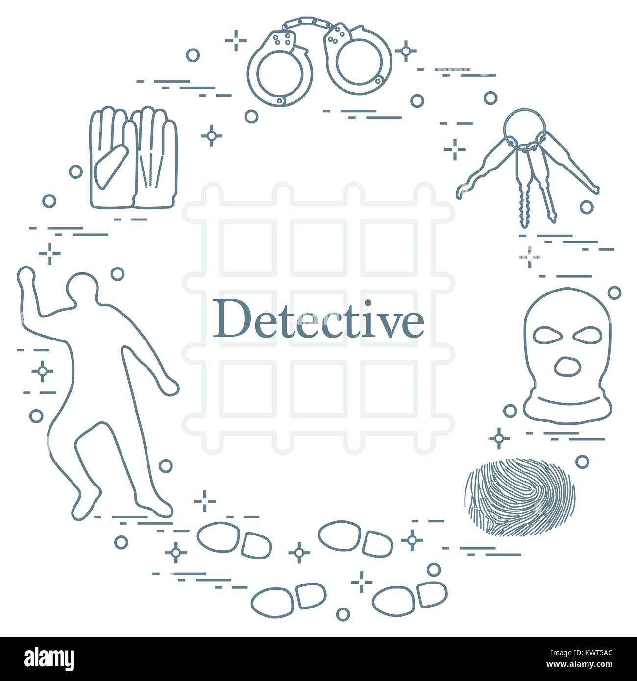 Criminal and detective elements. Crime, law and justice vector icons ...
