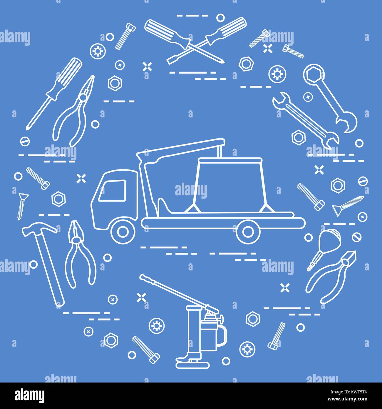 Repair cars tow truck, wrenches, screws, key, pliers, jack, hammer