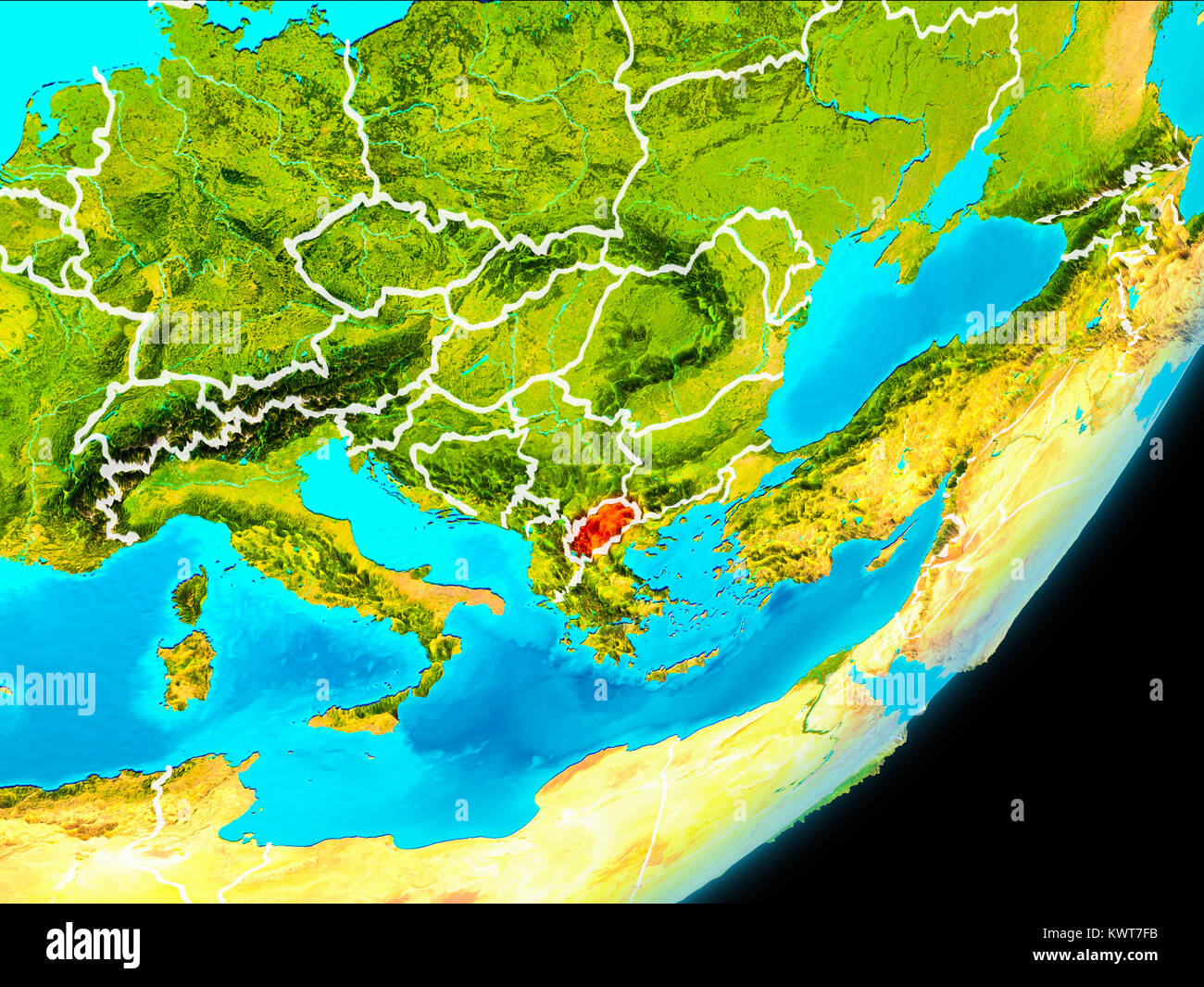 Map Of Macedonia In Red As Seen From Space On Planet Earth With White Map Of Macedonia In Red As Seen From Space On Planet Earth With White KWT7FB