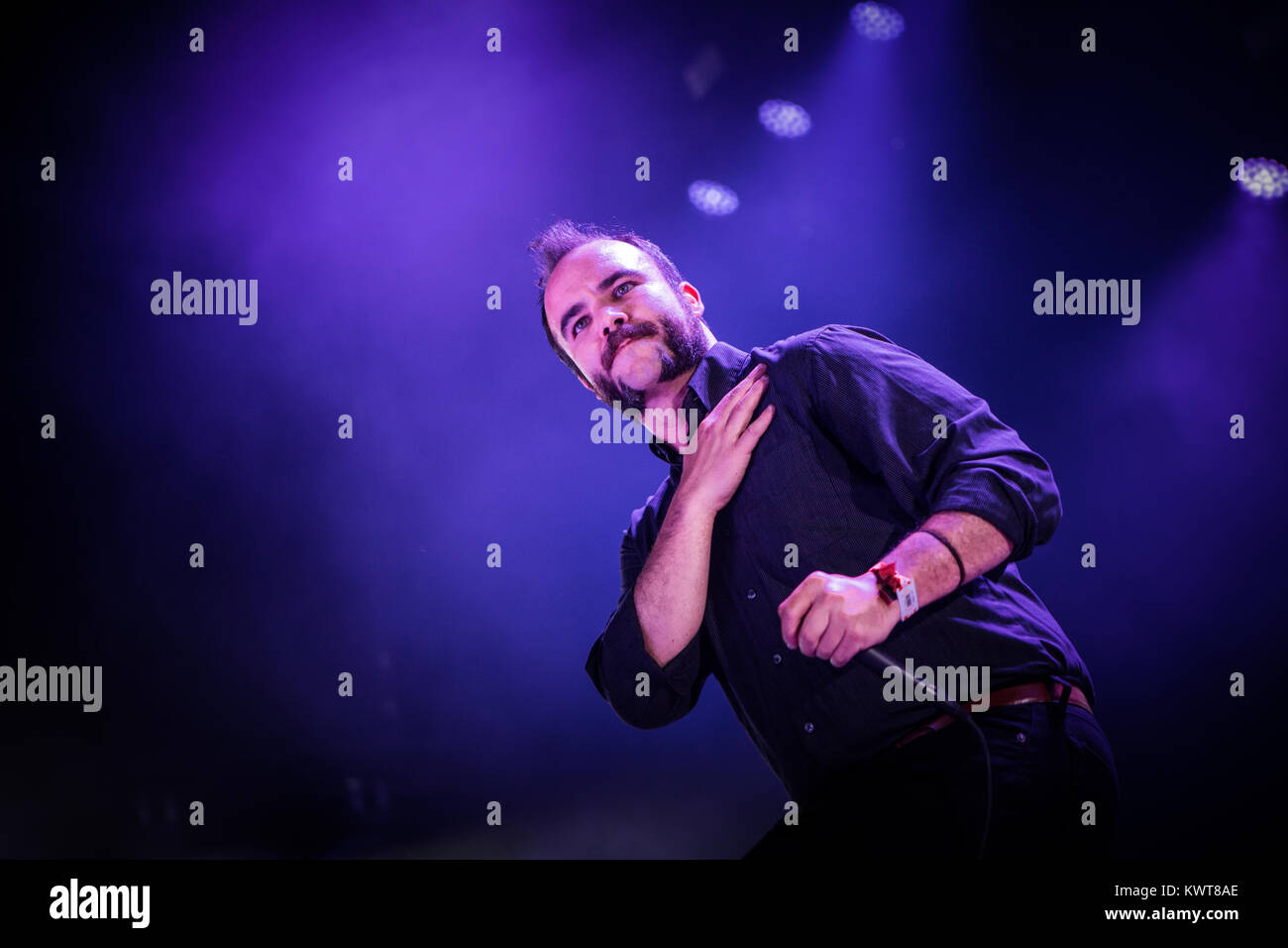 The American synthpop band Future Islands performs a live concert