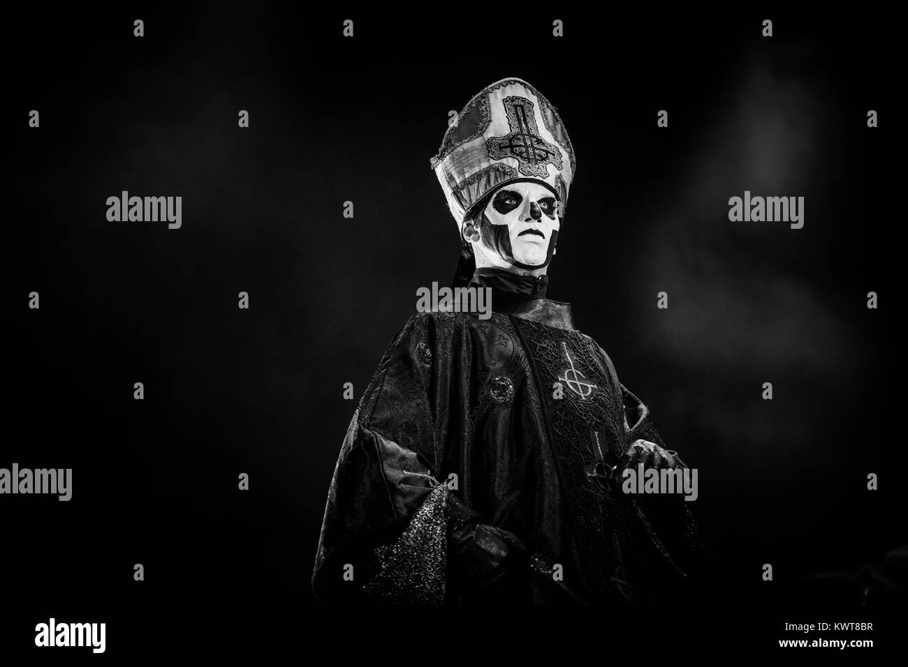 The Swedish doom metal band Ghost performs a live concert at the Danish heavy metal festival Copenhell 2015 in Copenhagen. Here the band’s vocalist Papa Emeritus III is pictured live on stage wearing skull make-up and a Roman Catholic pope coat. Denmark, 21/06 2015. Stock Photo