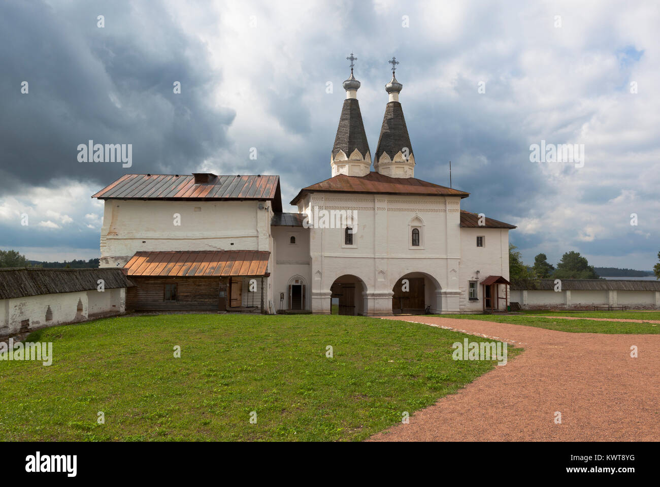 Ferapontovo, Vologda region, Russia - August 9, 2015: Holy Gates Ferapontov Belozersky Monastery of Nativity of the Virgin with the churches of the Ep Stock Photo