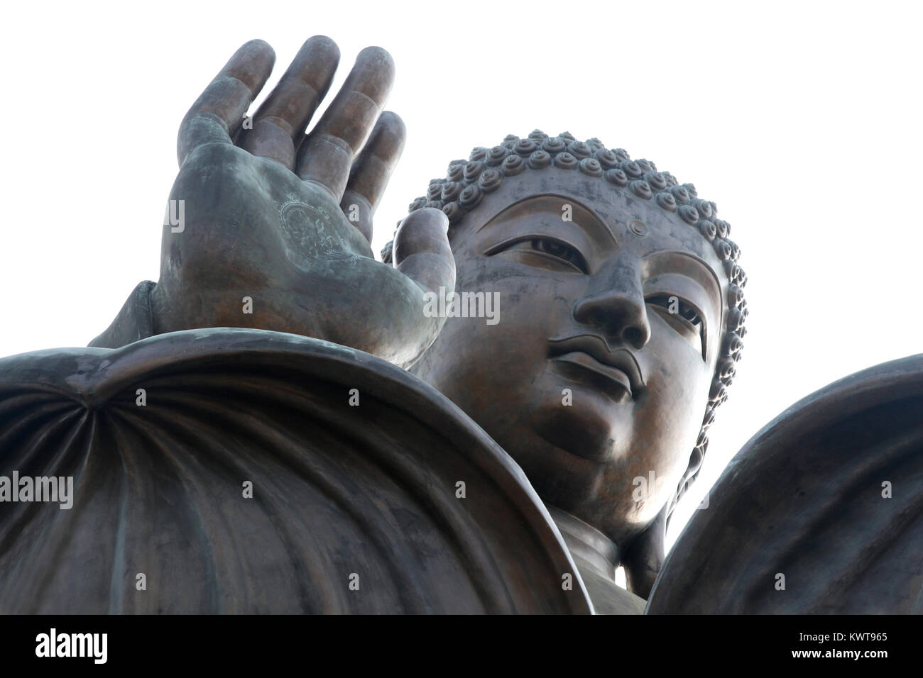 Close up detail of Tian Tan Buddha, or Big Buddha, the tallest outdoor seated bronze Buddha located in Lantau Island, Hong Kong, China. Stock Photo