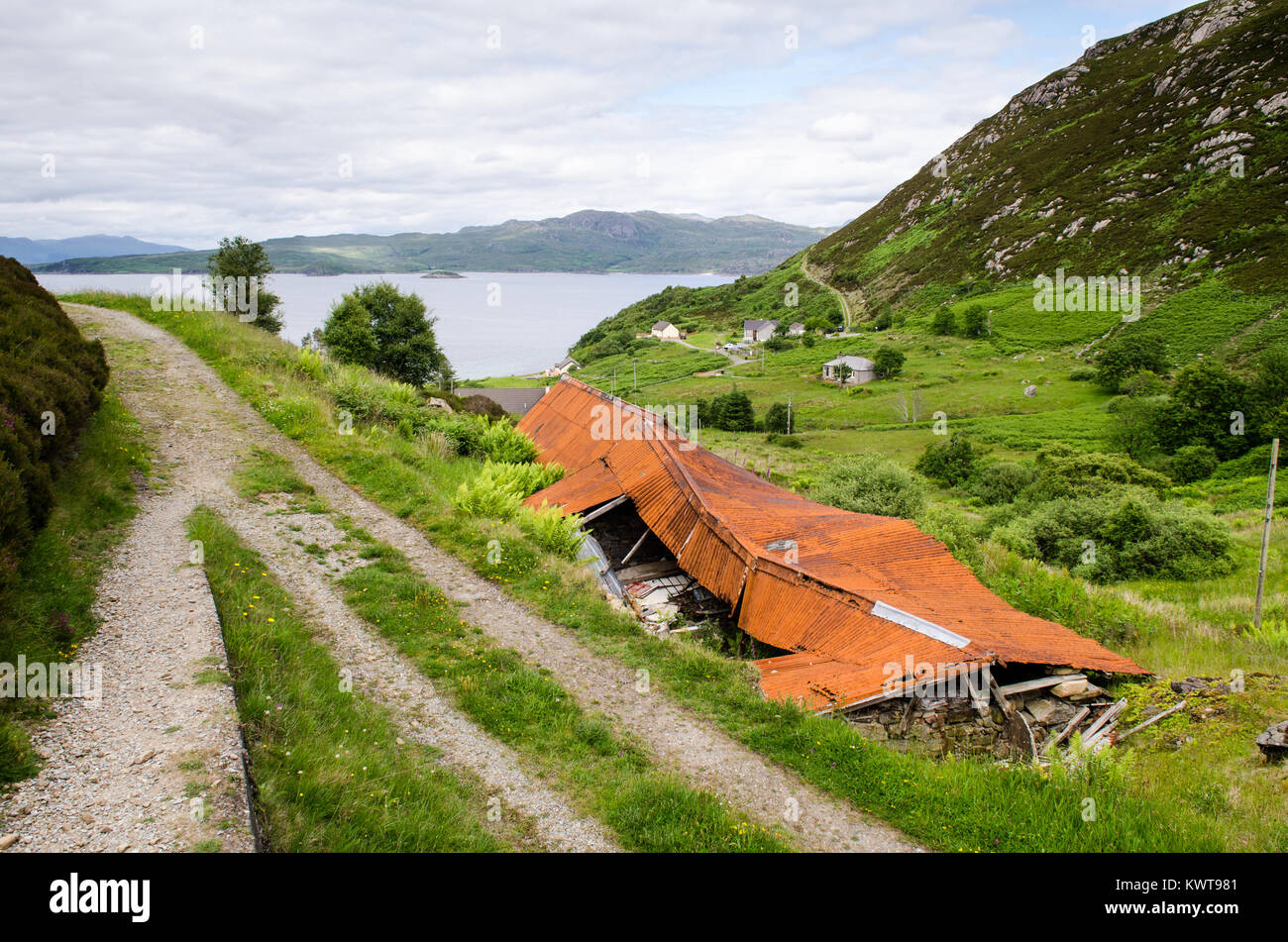 A collapsed barn at Mallaig in the West Highlands of Scotland. Stock Photo