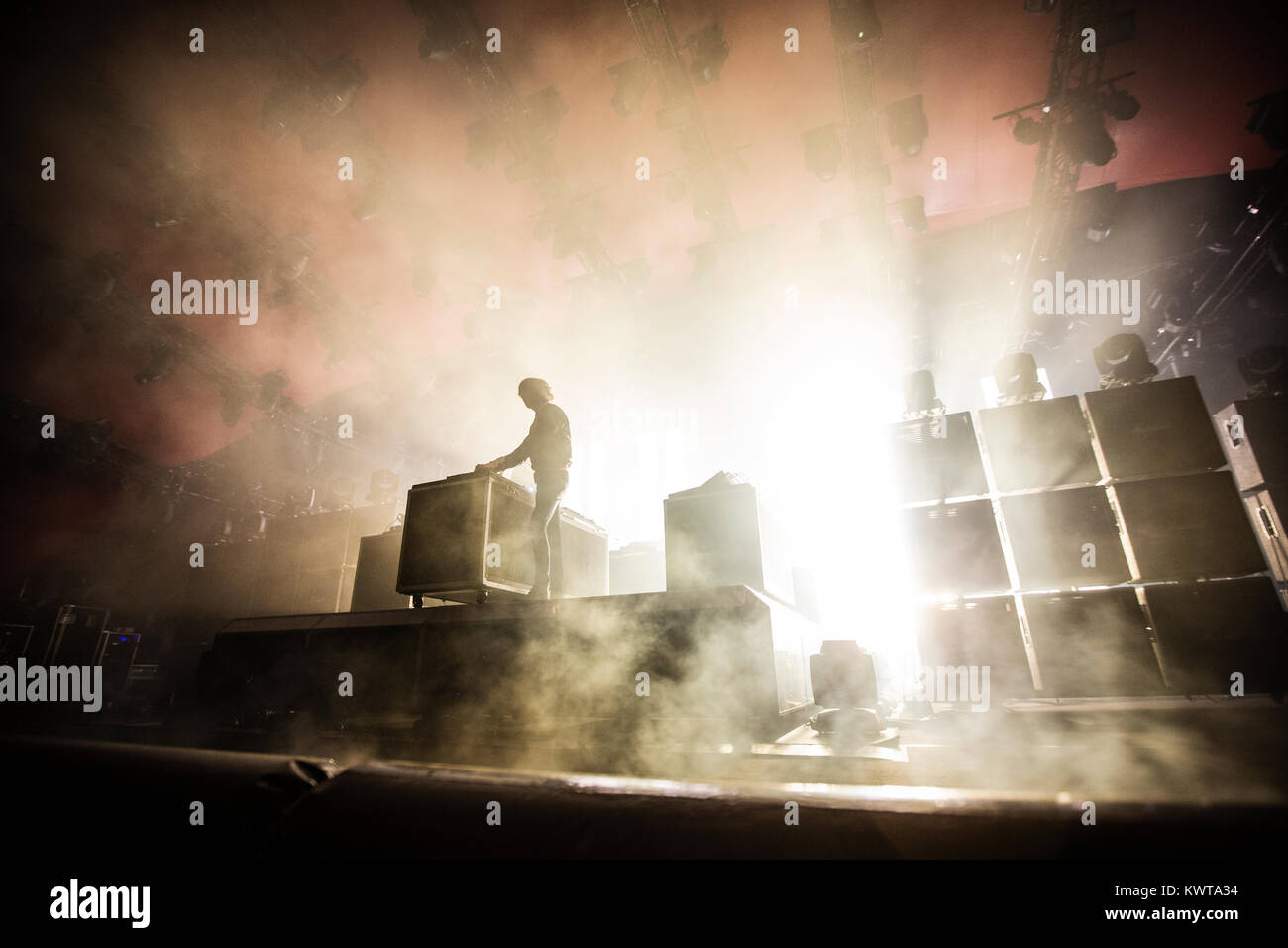 The French electronic music duo Justice (stylised as Jus†ice) performs