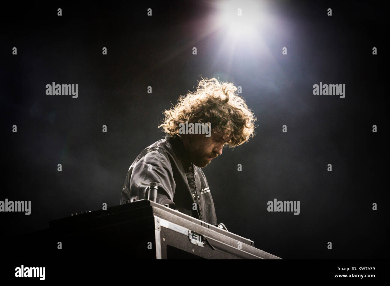 The French electronic music duo Justice (stylised as Jus†ice) performs