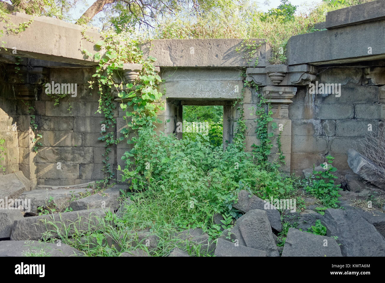 Vegetation-covered temples line the banks of the lake at Lonar in Maharashtra, India. Stock Photo