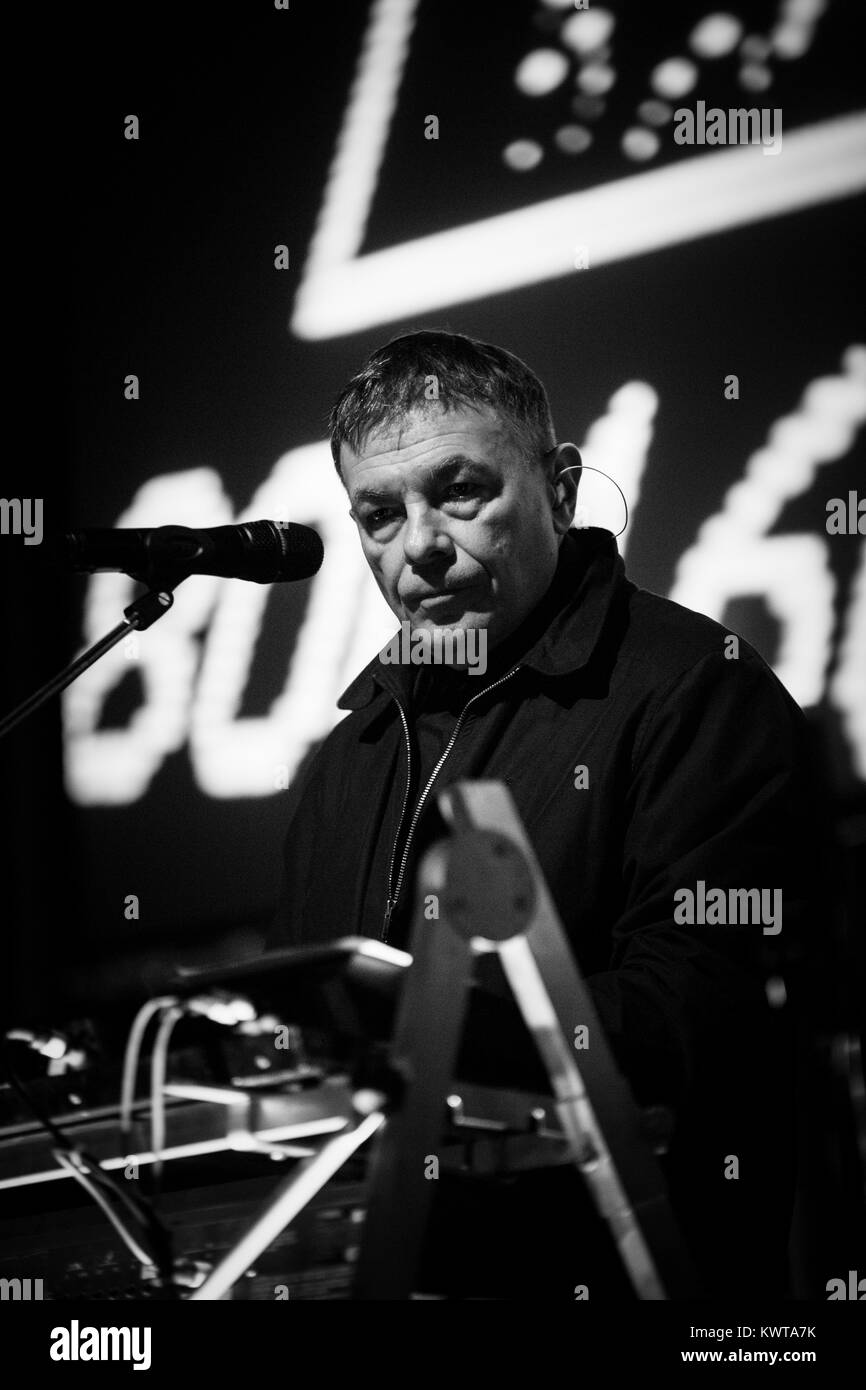 Electronic music pioner and composer Karl Bartos behind his keyboards at a live concert at Amager Bio in Copenhagen. 01/02 2014. Stock Photo