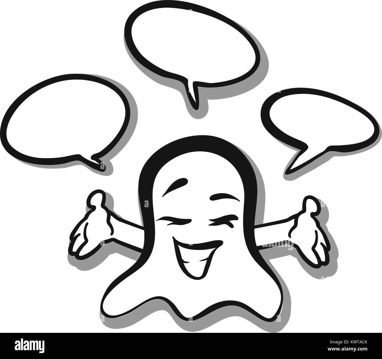 Happy ghost with speaking bubbles. sketched by hand. Emotional face series. Stock Vector
