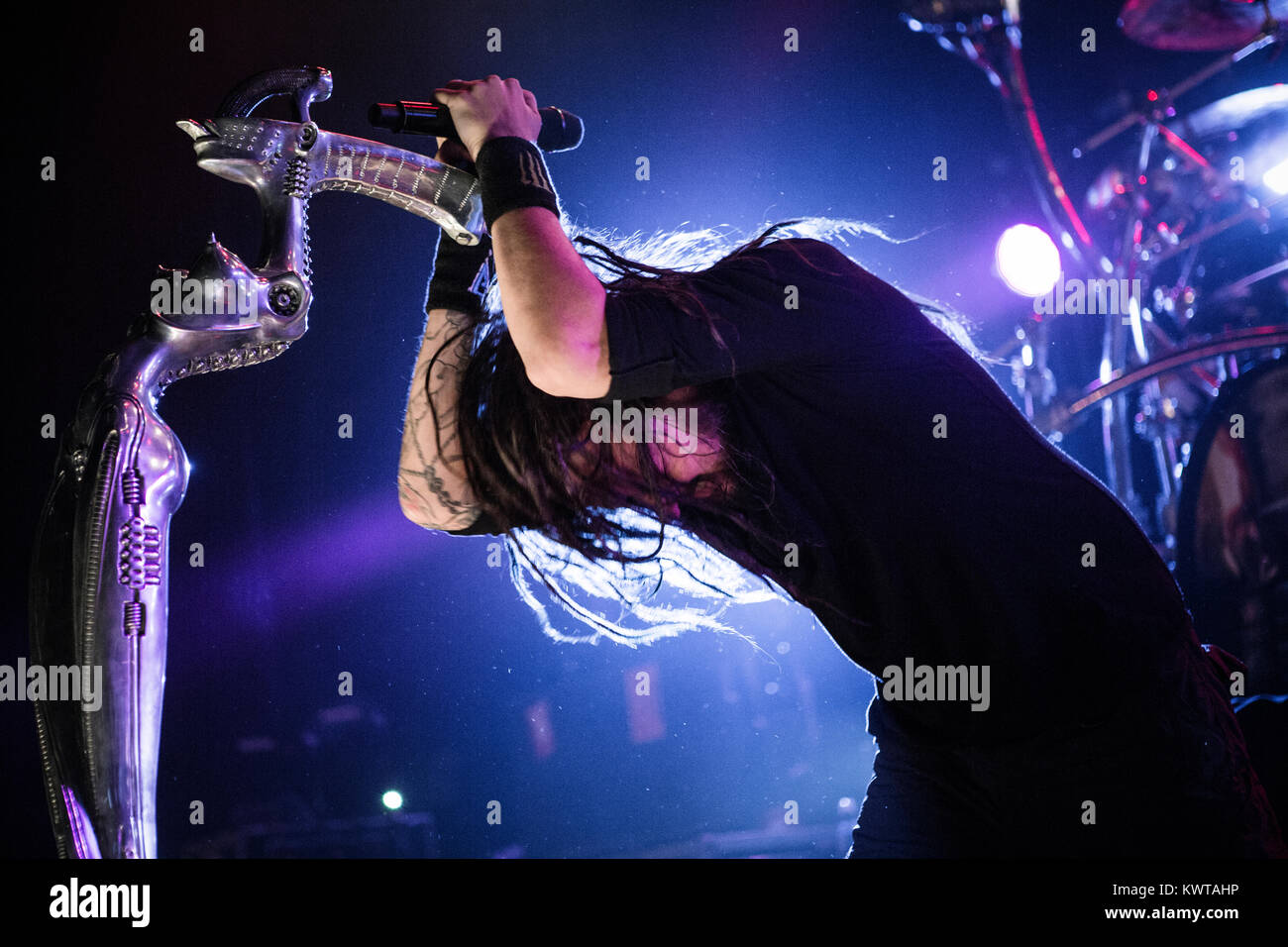The American heavy metal band Korn (stylized KoЯn) performs a live concert at Amager Bio in Copenhagen. In the picture: lead singer Jonathan Davis. Denmark 08/05 2014. Stock Photo