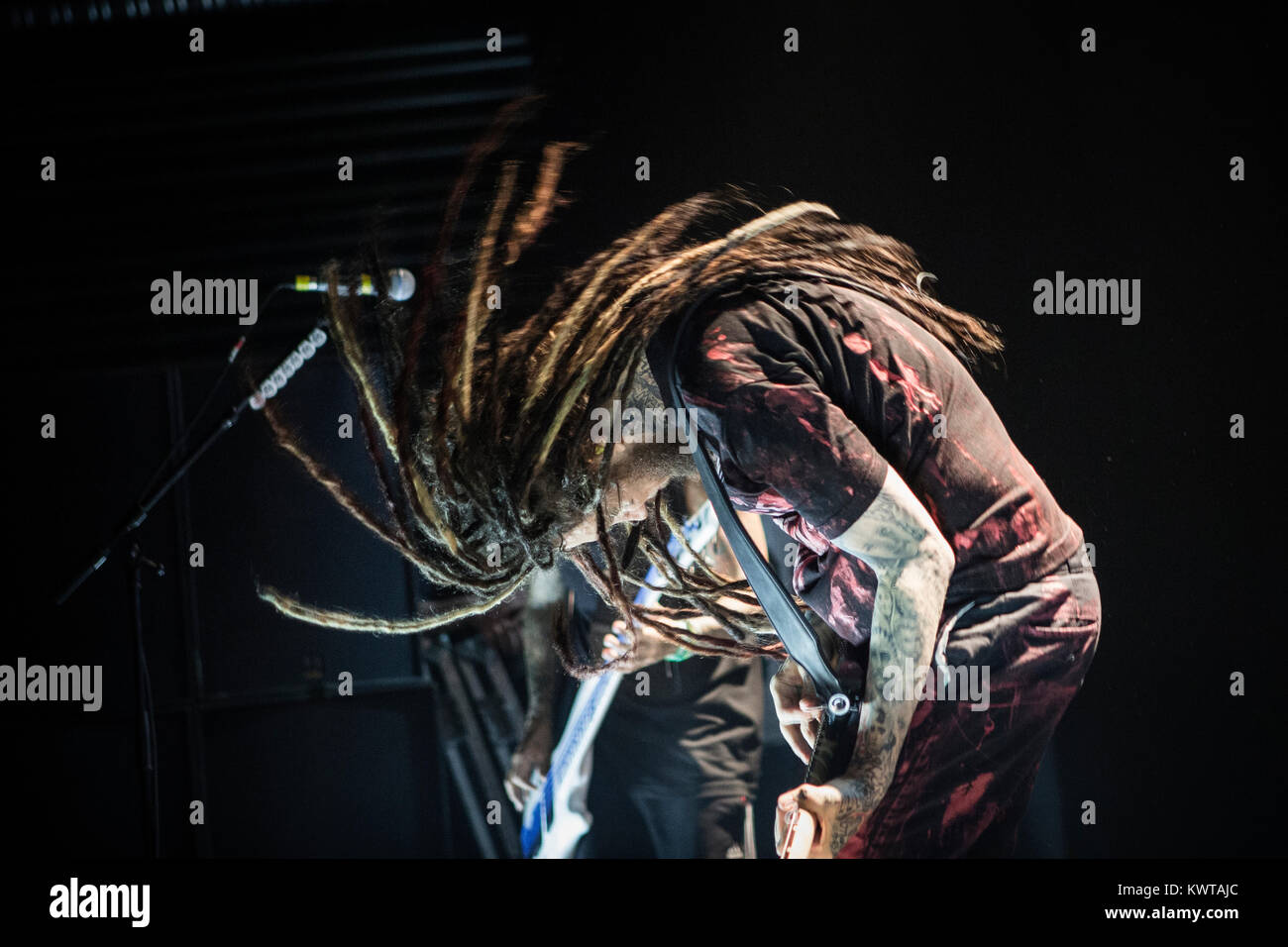 The American heavy metal band Korn (stylized KoЯn) performs a live concert at Amager Bio in Copenhagen.  In the picture: musician and guitarist Brian ”Head” Welch. Denmark 08/05 2014. Stock Photo