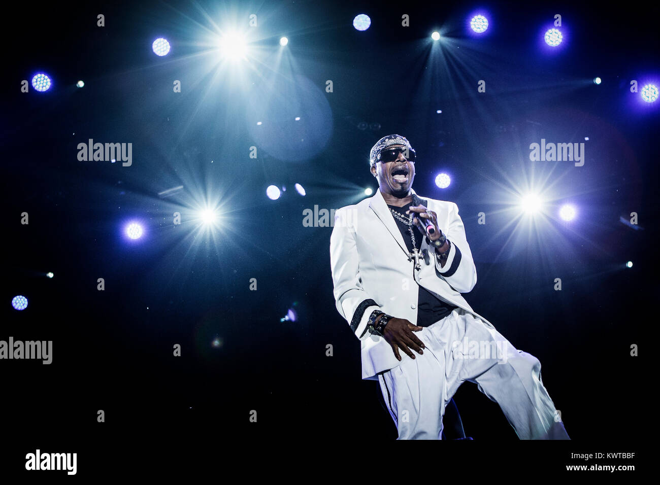 The legendary American rapper and 90’s music icon MC Hammer entertains the crowd at Skanderborg Festival 2013. Denmark. Stock Photo