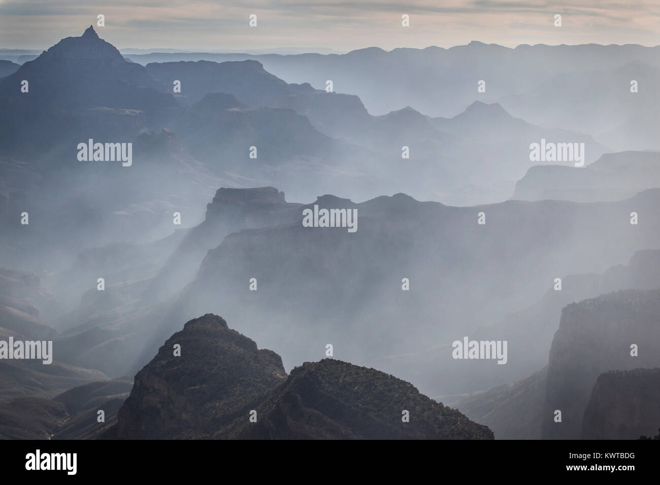 Haze of smoke in the canyon from nearby forest fires. Grand Canyon National Park, Arizona, USA. Stock Photo