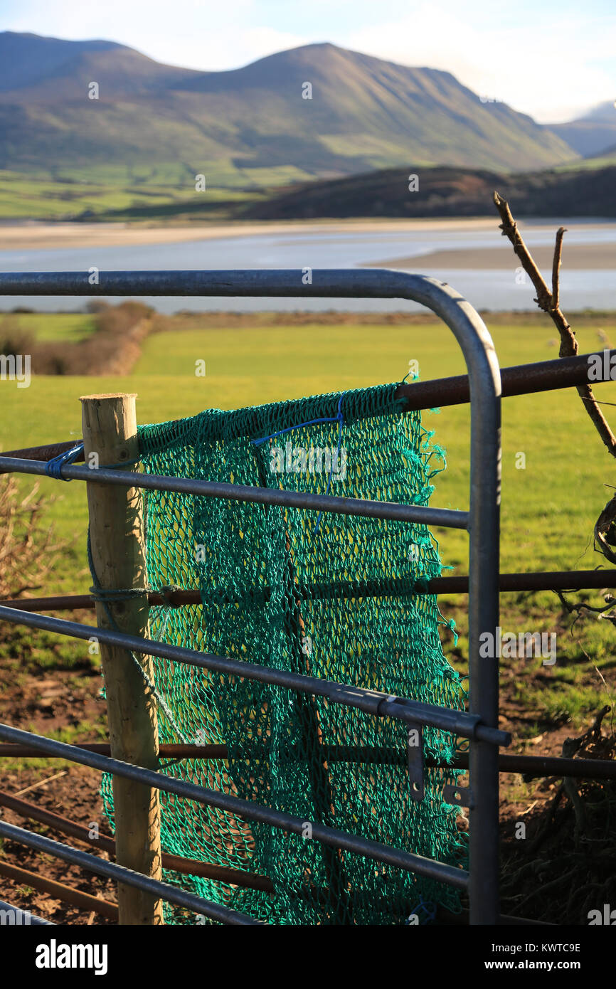 farm gates covered in fishing nets, cloghane, dingle peninsula, wild atlantic way, county kerry, ireland Stock Photo