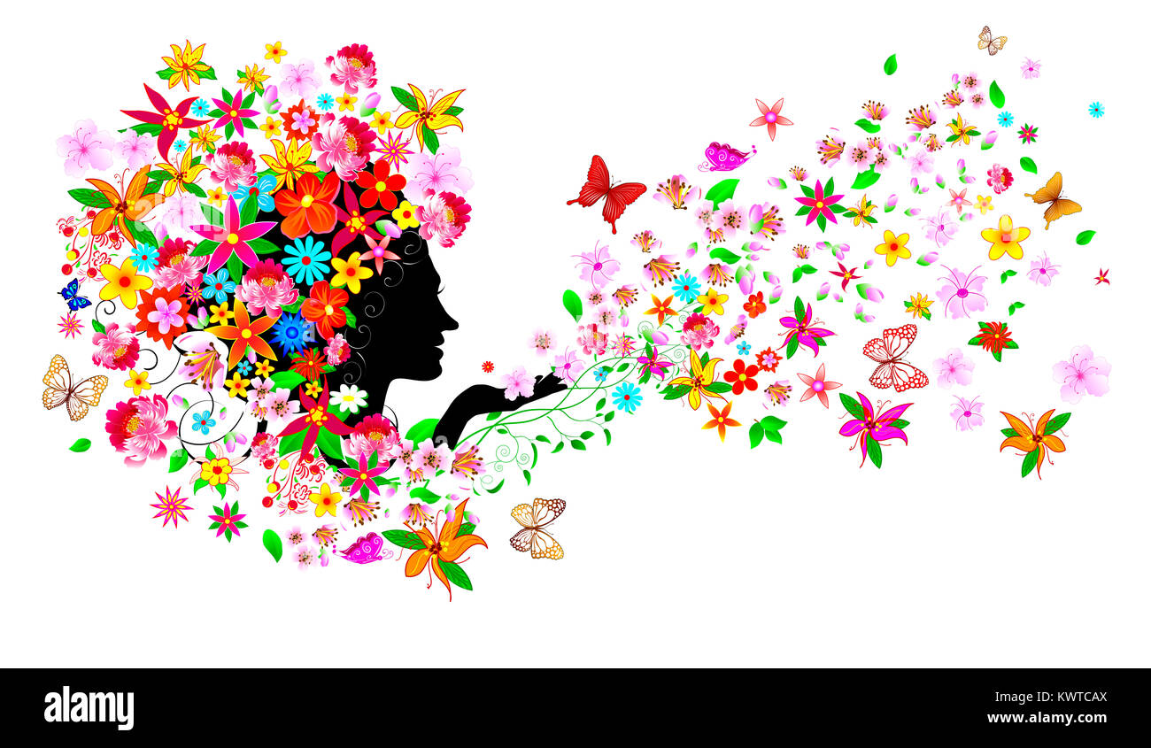Silhouette of a woman's face among flowers and butterflies. Girl with