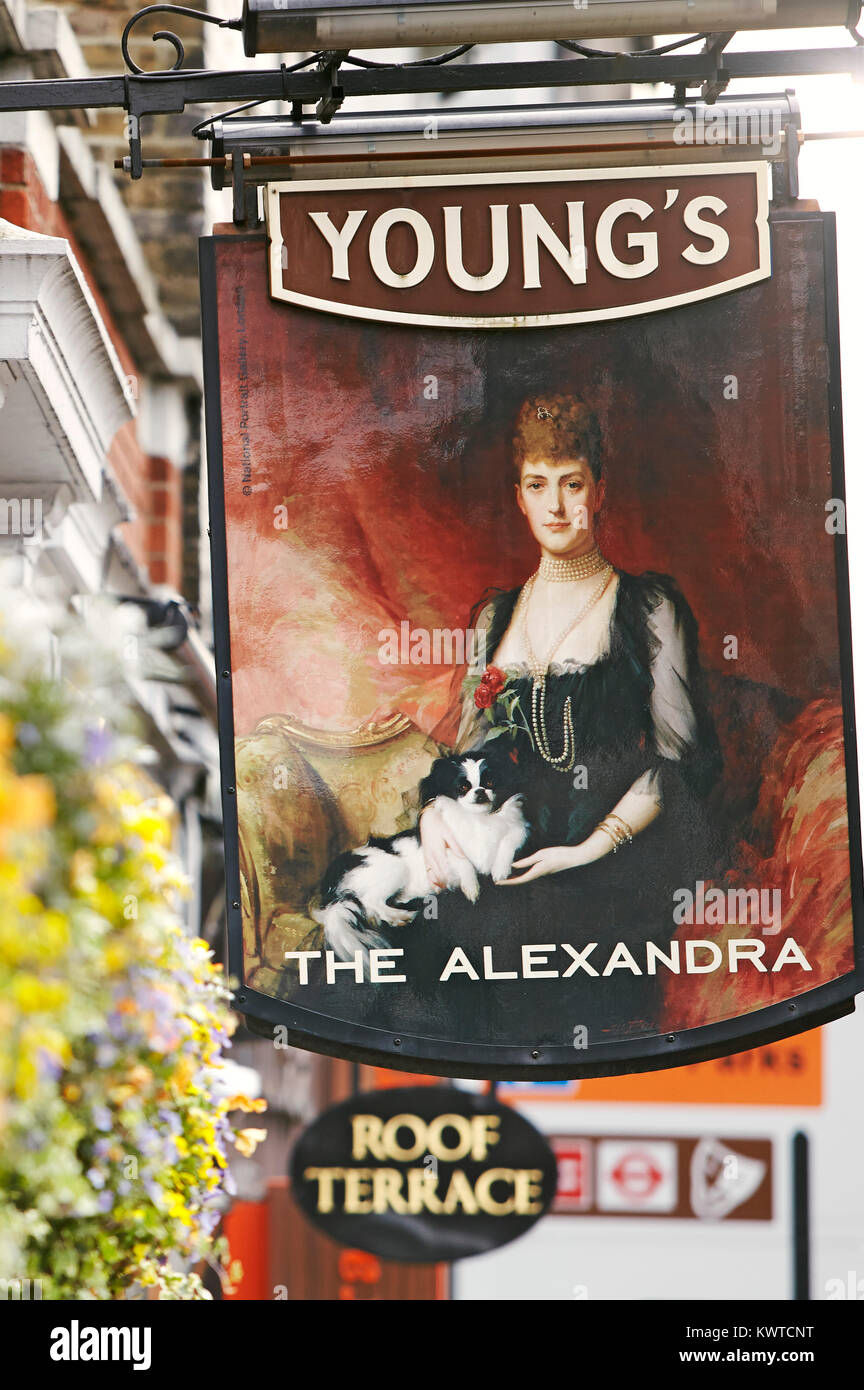 The Alexandra pub signage in Wimbledon, London Stock Photo