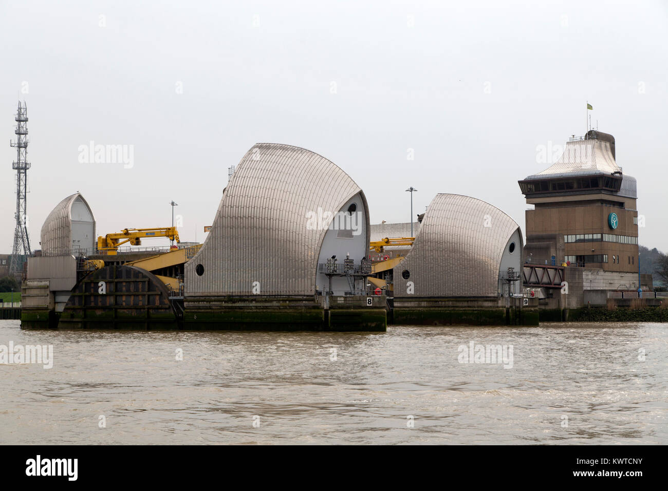 The Thames Barrier in London, England. The barrier was opened in 1984
