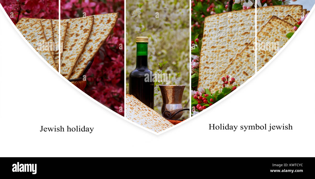 Jewish holiday Passover concept with matzah, seder plate and wine glass ...