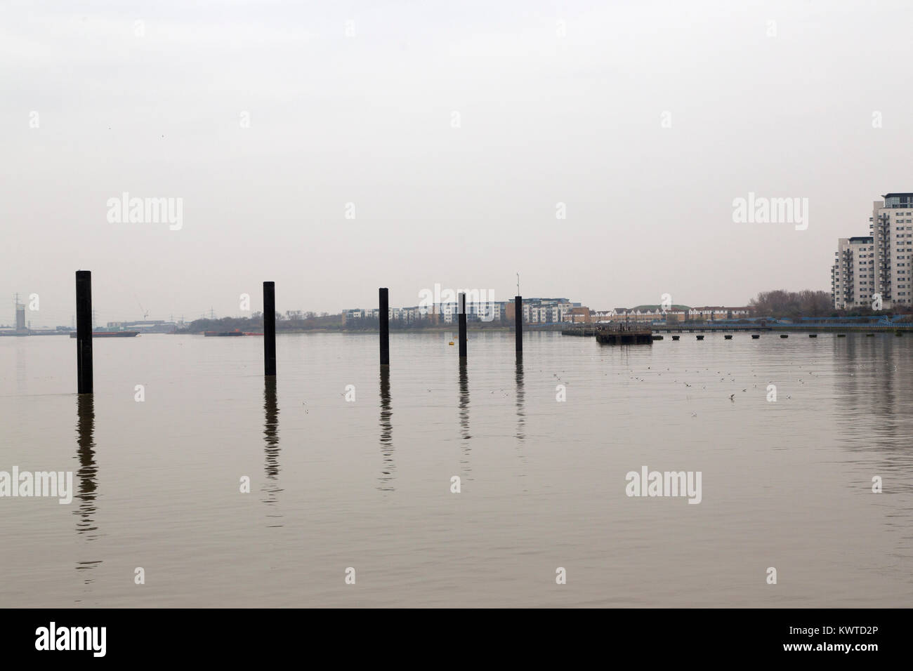 The River Thames at Woolwich in London, England. Piles reflect in the