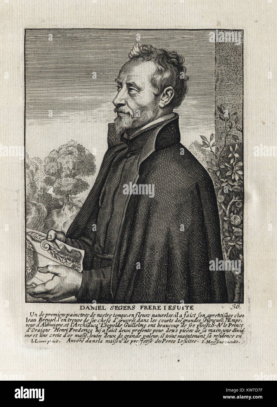 DANIEL SEGERS FRERE JESUITE - Woodcut portrait and short biography (old french language) - Engraving 17th century Stock Photo
