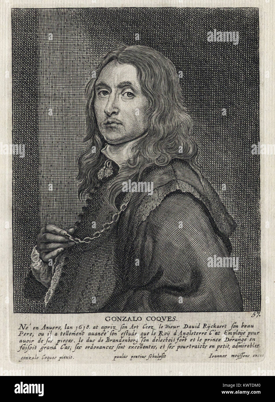 GONZALO COQUES - Woodcut portrait and short biography (old french language) - Engraving 17th century Stock Photo